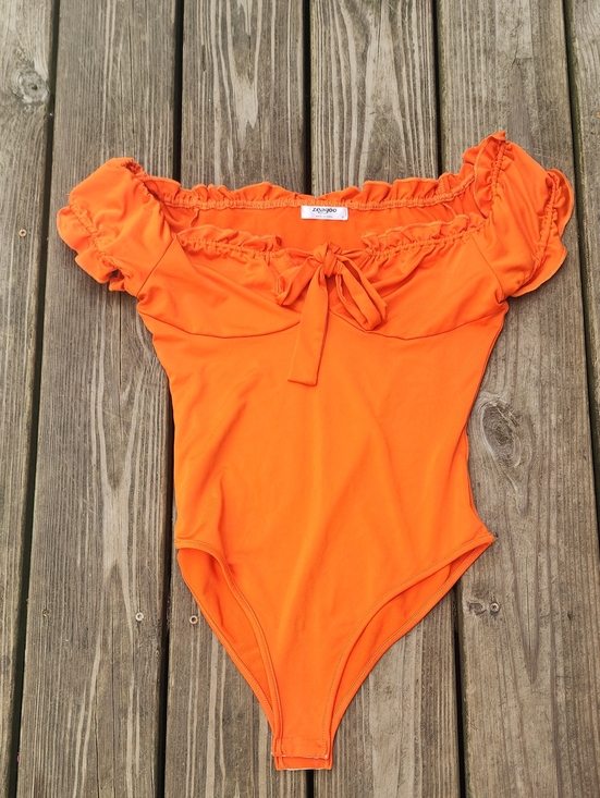 zeagoo Tops - Zeagoo Orange Off-Shoulder Tie-Front Bodysuit
